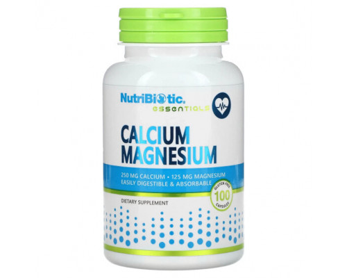 Кальций NutriBiotic, Essentials, кальций и магний, 100 капсул без глютена Кальций NutriBiotic, Essentials, кальций и магний, 100 капсул без глютена