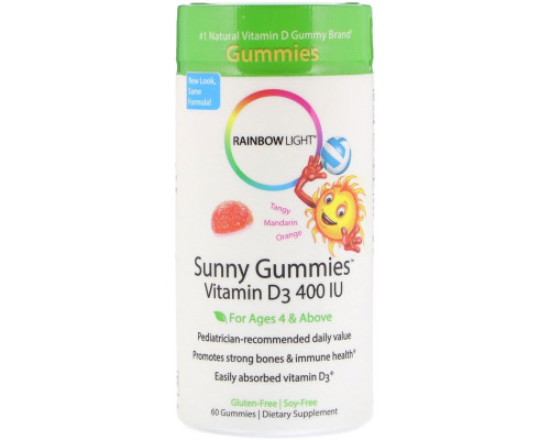 Rainbow Light, Sunny Gummies, витамин D3, терпки мандарин и апельсин, 400 МЕ, 60 жевательных пастилок Rainbow Light, Sunny Gummies, витамин D3, терпки мандарин и апельсин, 400 МЕ, 60 жевательных пастилок