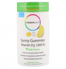 Rainbow Light, Витамин D3, солнечные жевательные таблетки с лимонным вкусом, 1,000 МЕ, 100 жевательных таблеток