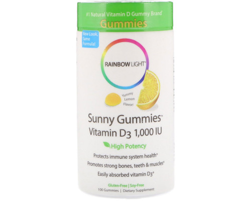 Rainbow Light, Витамин D3, солнечные жевательные таблетки с лимонным вкусом, 1,000 МЕ, 100 жевательных таблеток Rainbow Light, Витамин D3, солнечные жевательные таблетки с лимонным вкусом, 1,000 МЕ, 100 жевательных таблеток
