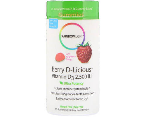 Rainbow Light, Berry D-Licious, витамин D3, со вкусом малины, 2,500 МЕ, 50 желейных конфет