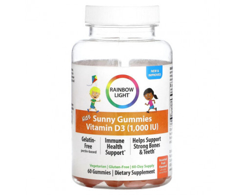 Витамин D Rainbow Light, Kid's Sunny, жевательные мармеладки, витамин D3, фруктовое ассорти, 1000 МЕ, 60 жевательных таблеток Витамин D Rainbow Light, Kid's Sunny, жевательные мармеладки, витамин D3, фруктовое ассорти, 1000 МЕ, 60 жевательных таблеток