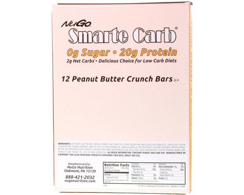 NuGo Nutrition, Smarte Carb, хрустящие батончики с арахисовым маслом, 12 батончиков, 1,76 унции (50 г) каждый