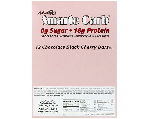 NuGo Nutrition, Smarte Carb, Chocolate Black Cherry, 12 Bars, 1.76 oz (50 g) Each NuGo Nutrition, Smarte Carb, Chocolate Black Cherry, 12 Bars, 1.76 oz (50 g) Each