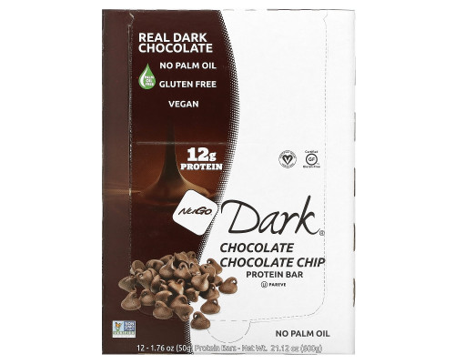 NuGo Nutrition, NuGo Dark, протеиновые батончики, шоколадная стружка, 12 баточников, 1,76 унц. (50 г) каждый