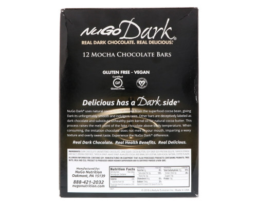 NuGo Nutrition, NuGo Dark, Протеиновые батончики, Мокко и шоколад, 12 батончиков, 1,76 унц. (50 г) каждый NuGo Nutrition, NuGo Dark, Протеиновые батончики, Мокко и шоколад, 12 батончиков, 1,76 унц. (50 г) каждый
