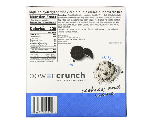 BNRG, Энергетический батончик Power Crunch Protein, оригинальный, печенье с кремом, 12 баточников, 1,4 унц. (40 г) в каждом BNRG, Энергетический батончик Power Crunch Protein, оригинальный, печенье с кремом, 12 баточников, 1,4 унц. (40 г) в каждом