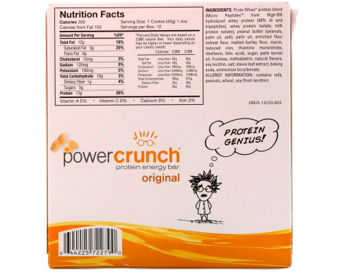 BNRG, Протеиновый энергетический батончик Power Crunch, оригинальный, арахисовое масло, 12 батончиков, 1,4 унц. (40 г) каждый BNRG, Протеиновый энергетический батончик Power Crunch, оригинальный, арахисовое масло, 12 батончиков, 1,4 унц. (40 г) каждый