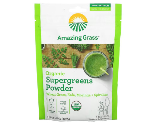 Amazing Grass, Organic SuperGreens Powder, 5,29 унц. (150 г) Amazing Grass, Organic SuperGreens Powder, 5,29 унц. (150 г)
