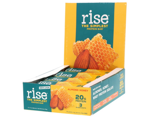 Rise Bar, Простейший протеиновый батончик, мед и миндаль, 12 батончиков, 2,1 унц. (60 г) каждый Rise Bar, Простейший протеиновый батончик, мед и миндаль, 12 батончиков, 2,1 унц. (60 г) каждый