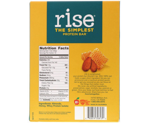 Rise Bar, Простейший протеиновый батончик, мед и миндаль, 12 батончиков, 2,1 унц. (60 г) каждый Rise Bar, Простейший протеиновый батончик, мед и миндаль, 12 батончиков, 2,1 унц. (60 г) каждый