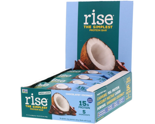 Rise Bar, Рисовый Протеиновый Батончик, Шоколадный Кокос, 12 штук, по 2,1 унции (60 г) каждый Rise Bar, Рисовый Протеиновый Батончик, Шоколадный Кокос, 12 штук, по 2,1 унции (60 г) каждый