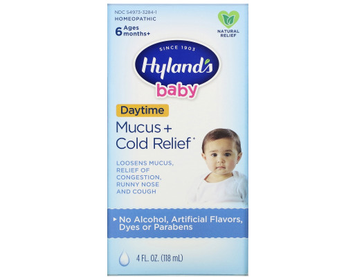 Hyland's, Baby, Mucus + Cold Relief Day Time, Ages 6 Months +, 4 fl oz (118 ml) Hyland's, Baby, Mucus + Cold Relief Day Time, Ages 6 Months +, 4 fl oz (118 ml)