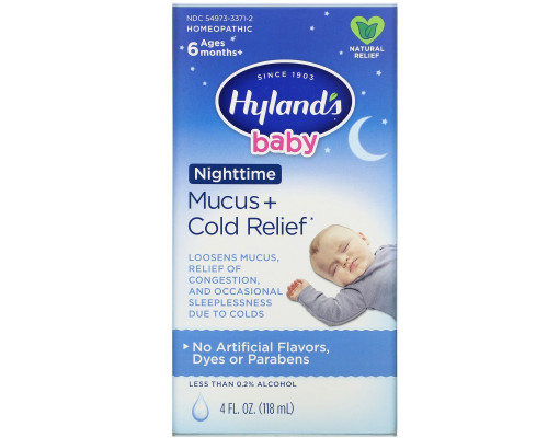 Hyland's, Baby, Nighttime Mucus + Cold Relief, Ages 6 Months+, 4 fl oz (118 ml) Hyland's, Baby, Nighttime Mucus + Cold Relief, Ages 6 Months+, 4 fl oz (118 ml)