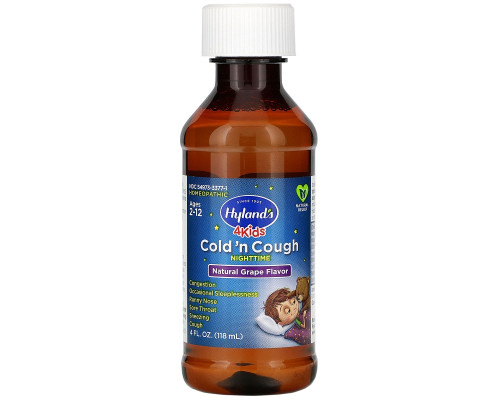 Hyland's, 4 Kids, Cold 'n Cough Nighttime, Ages 2-12, Natural Grape Flavor, 4 fl oz (118 ml) Hyland's, 4 Kids, Cold 'n Cough Nighttime, Ages 2-12, Natural Grape Flavor, 4 fl oz (118 ml)