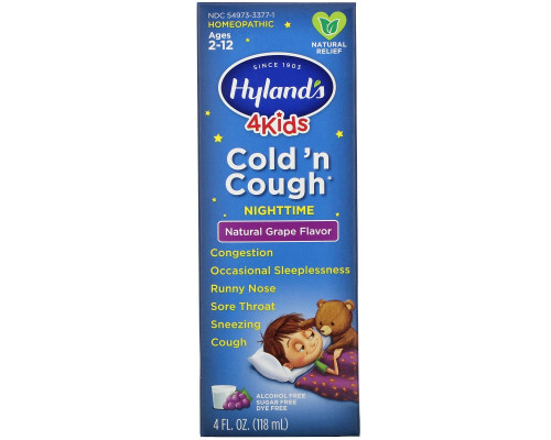 Hyland's, 4 Kids, Cold 'n Cough Nighttime, Ages 2-12, Natural Grape Flavor, 4 fl oz (118 ml) Hyland's, 4 Kids, Cold 'n Cough Nighttime, Ages 2-12, Natural Grape Flavor, 4 fl oz (118 ml)