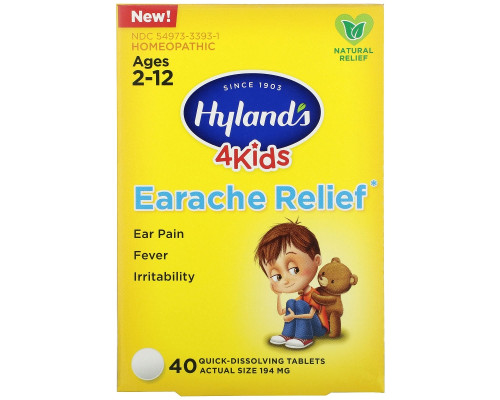 Hyland's, 4 Kids, Earache Relief, Ages 2-12, 40 Quick-Dissolving Tablets Hyland's, 4 Kids, Earache Relief, Ages 2-12, 40 Quick-Dissolving Tablets
