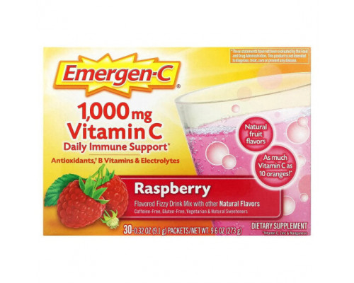 От гриппа и простуды Emergen-C, Витамин C, смесь ароматизированных газированных напитков, малина, 1000 мг, 30 пакетиков по 9,1 г (0,32 унции) От гриппа и простуды Emergen-C, Витамин C, смесь ароматизированных газированных напитков, малина, 1000 мг, 30 пакетиков по 9,1 г (0,32 унции)