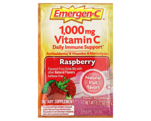 От гриппа и простуды Emergen-C, Витамин C, смесь ароматизированных газированных напитков, малина, 1000 мг, 30 пакетиков по 9,1 г (0,32 унции) От гриппа и простуды Emergen-C, Витамин C, смесь ароматизированных газированных напитков, малина, 1000 мг, 30 пакетиков по 9,1 г (0,32 унции)