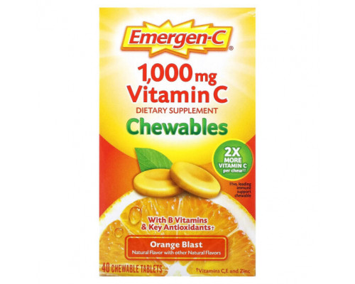 Витамин C Emergen-C, Жевательные таблетки с витамином C, апельсиновый сок, 500 мг, 40 жевательных таблеток Витамин C Emergen-C, Жевательные таблетки с витамином C, апельсиновый сок, 500 мг, 40 жевательных таблеток