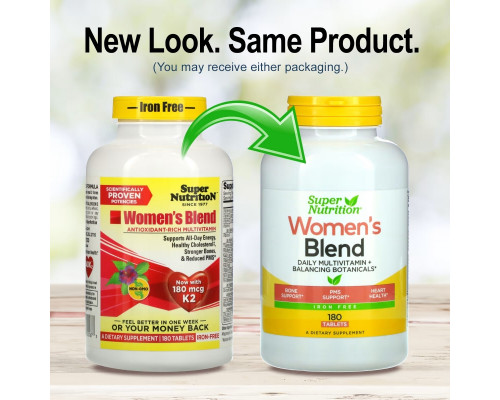 Super Nutrition, Women's Blend, Daily Multivitamin Plus Balancing Botanicals, Iron Free, 180 Tablets Super Nutrition, Women's Blend, Daily Multivitamin Plus Balancing Botanicals, Iron Free, 180 Tablets
