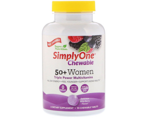 Super Nutrition, SimplyOne, Women 50+ Triple Power Multivitamin, Wild-Berry Flavor, 90 Chewable Tablets Super Nutrition, SimplyOne, Women 50+ Triple Power Multivitamin, Wild-Berry Flavor, 90 Chewable Tablets