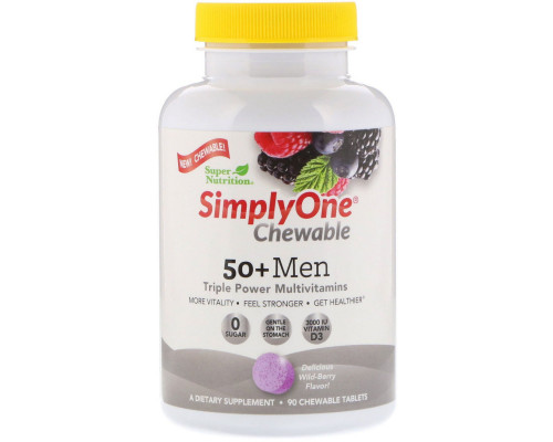 Super Nutrition, SimplyOne, 50+ Men Triple Power Multivitamin, Wild-Berry Flavor, 90 Chewable Tablets Super Nutrition, SimplyOne, 50+ Men Triple Power Multivitamin, Wild-Berry Flavor, 90 Chewable Tablets