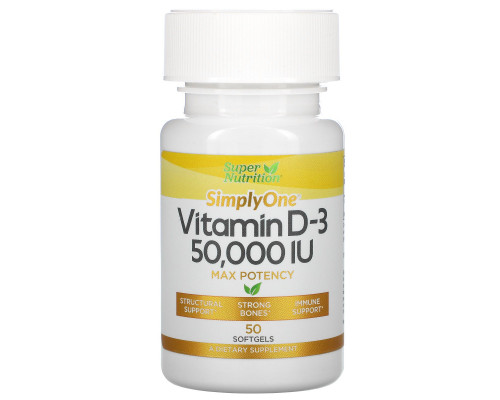 Super Nutrition, Simply One, Vitamin D-3, 50,000 IU, 50 Softgels Super Nutrition, Simply One, Vitamin D-3, 50,000 IU, 50 Softgels