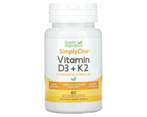 Super Nutrition, витамины D3 и К2, 60 растительных капсул Super Nutrition, витамины D3 и К2, 60 растительных капсул