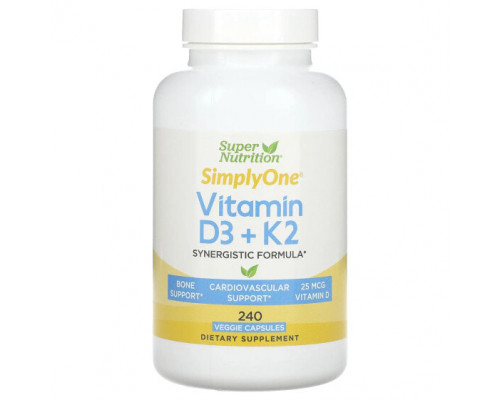 Витамин D Super Nutrition, витамины D3 и К2, 240 растительных капсул Витамин D Super Nutrition, витамины D3 и К2, 240 растительных капсул
