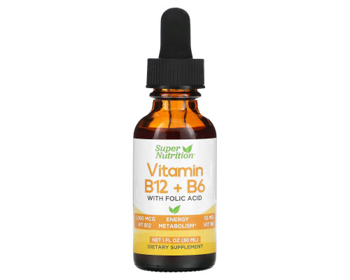Super Nutrition, Vitamin B12 + B6 with Folic Acid, 1 fl oz (30 ml) Super Nutrition, Vitamin B12 + B6 with Folic Acid, 1 fl oz (30 ml)