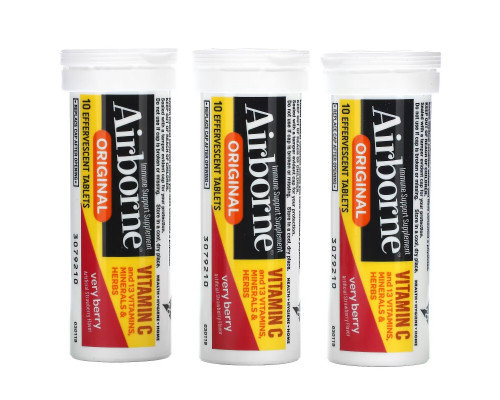 AirBorne, Immune Support Supplement, Very Berry, 3 Tubes, 10 Effervescent Tablets Each AirBorne, Immune Support Supplement, Very Berry, 3 Tubes, 10 Effervescent Tablets Each