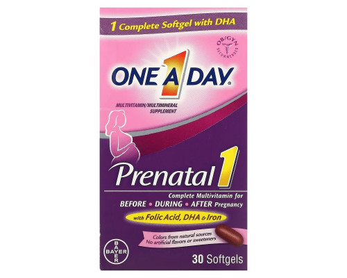 One-A-Day, Prenatal 1 with Folic Acid, DHA & Iron, Multivitamin/Multimineral Supplement, 30 Softgels One-A-Day, Prenatal 1 with Folic Acid, DHA & Iron, Multivitamin/Multimineral Supplement, 30 Softgels