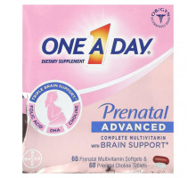 Женское здоровье One-A-Day, Prenatal Advanced, полноценный мультивитаминный комплекс для поддержки мозга, 60 пренатальных мультивитаминных мягких таблеток и 60 пренатальных таблеток с холином