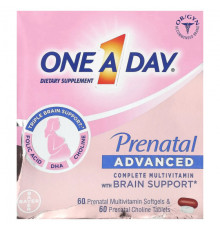 Женское здоровье One-A-Day, Prenatal Advanced, полноценный мультивитаминный комплекс для поддержки мозга, 60 пренатальных мультивитаминных мягких таблеток и 60 пренатальных таблеток с холином