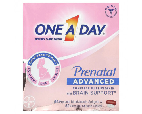 Женское здоровье One-A-Day, Prenatal Advanced, полноценный мультивитаминный комплекс для поддержки мозга, 60 пренатальных мультивитаминных мягких таблеток и 60 пренатальных таблеток с холином Женское здоровье One-A-Day, Prenatal Advanced, полноценный мультивитаминный комплекс для поддержки мозга, 60 пренатальных мультивитаминных мягких таблеток и 60 пренатальных таблеток с холином