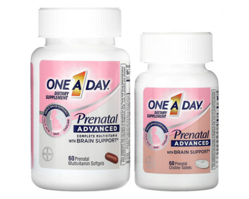 Женское здоровье One-A-Day, Prenatal Advanced, полноценный мультивитаминный комплекс для поддержки мозга, 60 пренатальных мультивитаминных мягких таблеток и 60 пренатальных таблеток с холином Женское здоровье One-A-Day, Prenatal Advanced, полноценный мультивитаминный комплекс для поддержки мозга, 60 пренатальных мультивитаминных мягких таблеток и 60 пренатальных таблеток с холином