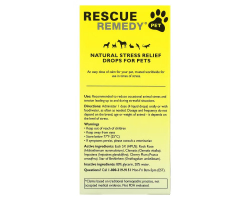 Bach, Original Flower Remedies, Rescue Remedy Pet, Natural Stress Relief, 0.7 fl oz (20 ml) Bach, Original Flower Remedies, Rescue Remedy Pet, Natural Stress Relief, 0.7 fl oz (20 ml)