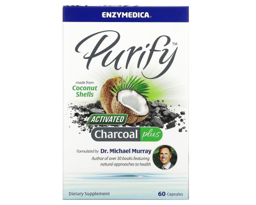 Enzymedica, Очищение, активированный кокосовый уголь+, 60 капсул Enzymedica, Очищение, активированный кокосовый уголь+, 60 капсул