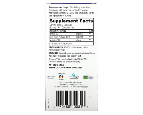 Enzymedica, Бетаин HCL, 120 капсул Enzymedica, Бетаин HCL, 120 капсул