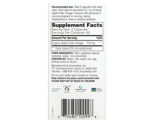 Enzymedica, Apple Cider Vinegar with the Mother, 120 Capsules Enzymedica, Apple Cider Vinegar with the Mother, 120 Capsules
