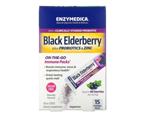 Enzymedica, Black Elderberry plus Probiotics & Zinc, Naturally Flavored, 15 Powder Packs Enzymedica, Black Elderberry plus Probiotics & Zinc, Naturally Flavored, 15 Powder Packs