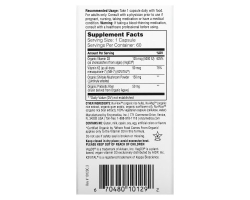 Enzymedica, Organic D3 + Vitamin K2, 60 Capsules Enzymedica, Organic D3 + Vitamin K2, 60 Capsules