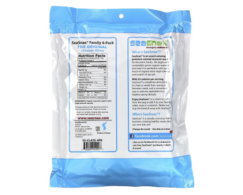 SeaSnax "Classic" Olive Roasted Seaweed Snack Four Pack 5 sheets (.54 oz) Each SeaSnax "Classic" Olive Roasted Seaweed Snack Four Pack 5 sheets (.54 oz) Each