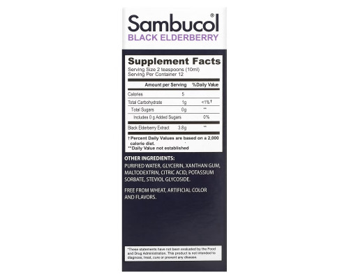 Sambucol, Black Elderberry, Sugar Free Formula Syrup, 4 fl oz (120 ml) Sambucol, Black Elderberry, Sugar Free Formula Syrup, 4 fl oz (120 ml)