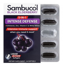 Sambucol, 5-In-1 Intense Defense + Echinacea, Zinc, Vitamin C & White Willow, Black Elderberry, 24 Softgels