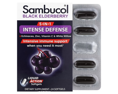 Sambucol, 5-In-1 Intense Defense + Echinacea, Zinc, Vitamin C & White Willow, Black Elderberry, 24 Softgels Sambucol, 5-In-1 Intense Defense + Echinacea, Zinc, Vitamin C & White Willow, Black Elderberry, 24 Softgels