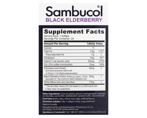 Sambucol, 5-In-1 Intense Defense + Echinacea, Zinc, Vitamin C & White Willow, Black Elderberry, 24 Softgels Sambucol, 5-In-1 Intense Defense + Echinacea, Zinc, Vitamin C & White Willow, Black Elderberry, 24 Softgels
