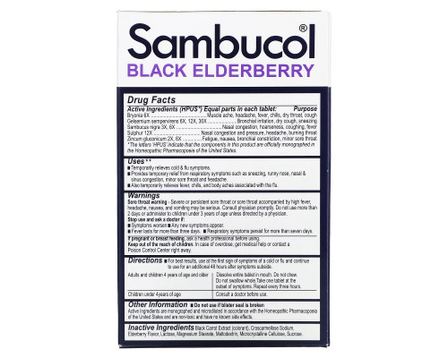 Sambucol, Black Elderberry, Cold & Flu Relief, Family Pack, 60 Quick Dissolve Tablets Sambucol, Black Elderberry, Cold & Flu Relief, Family Pack, 60 Quick Dissolve Tablets