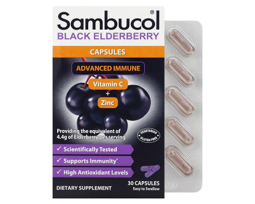 Sambucol, капсулы черной бузины с комплексом Advanced Immune, витамином C и цинком, 30 капсул